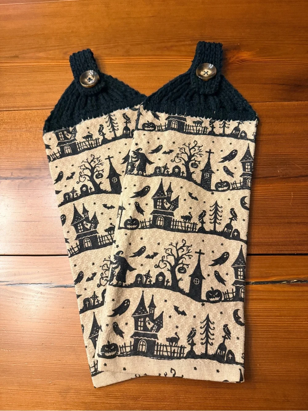 Halloween Kitchen Towels with Handmade Knit Topper Set of Two|